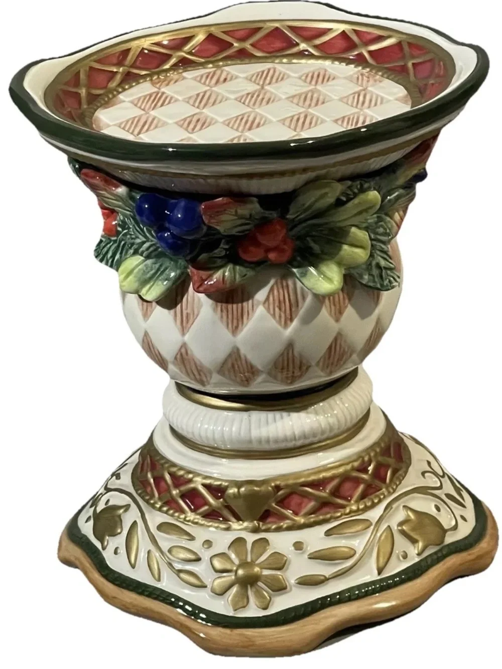 Fitz Floyd Jolly Ole Saint Nick Christmas Candle Holder Pedestal Harlequin 7”